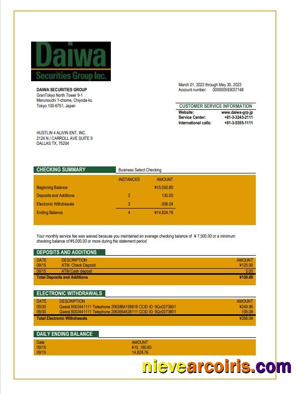 Daiwa Securities Group business bank statement